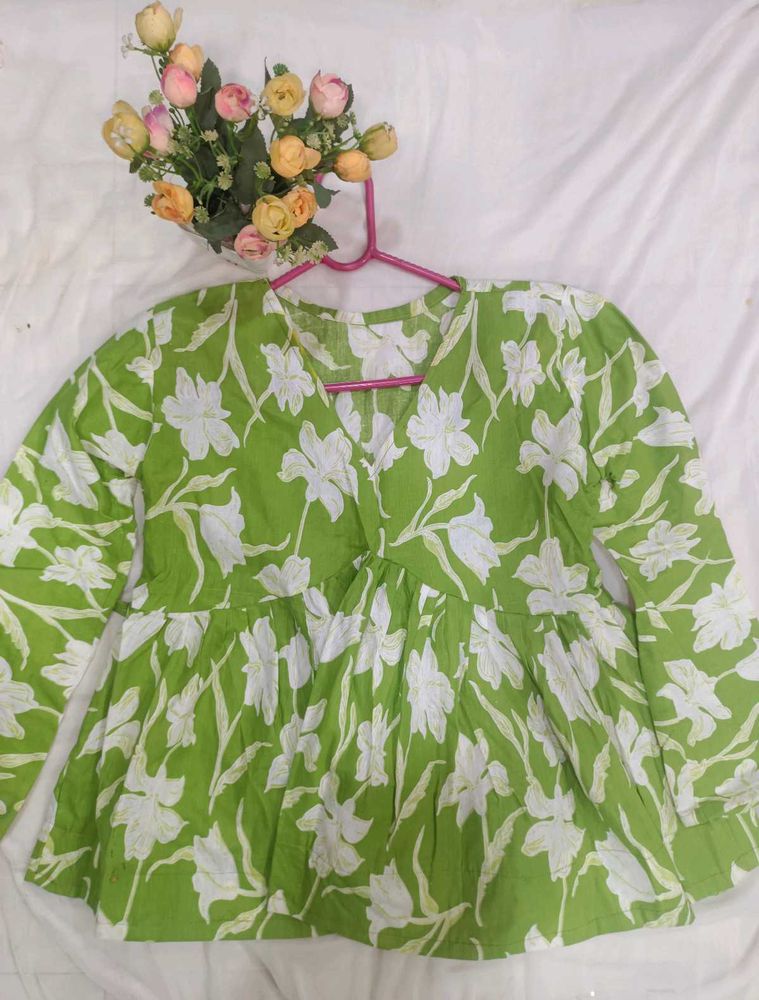 Green Floral Print Flared Kurta Top