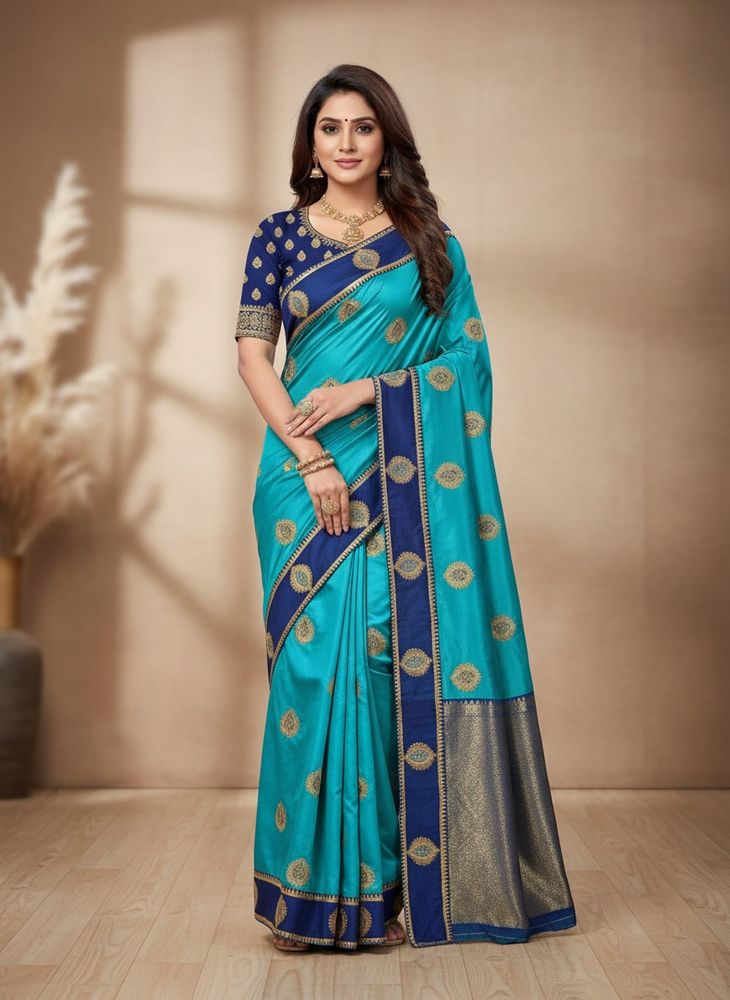 Beautiful Turquoise Saree with Gold Embroidery