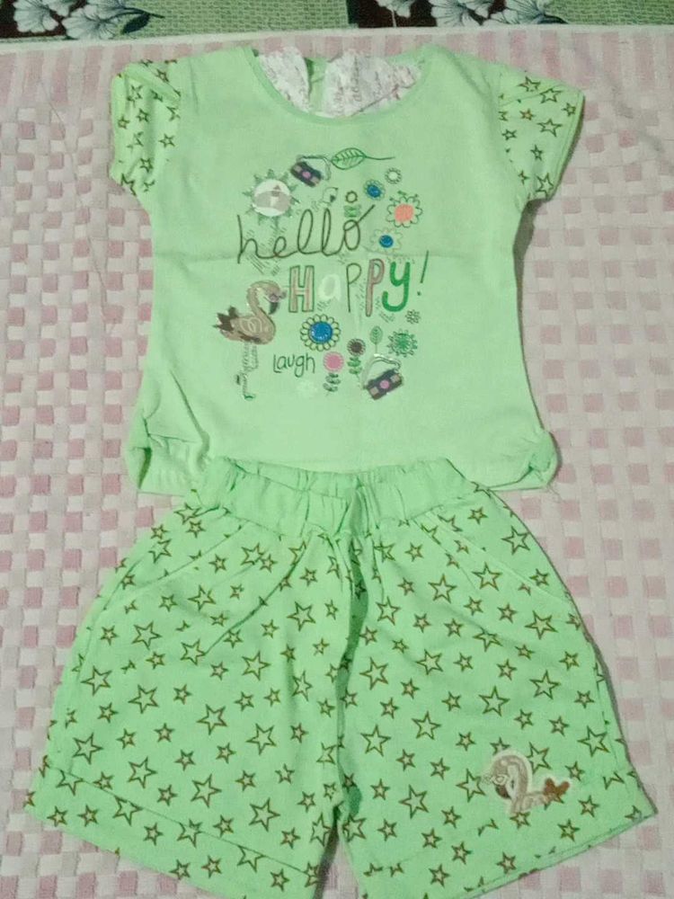 Cute Green Hello Happy Star Shorts Set