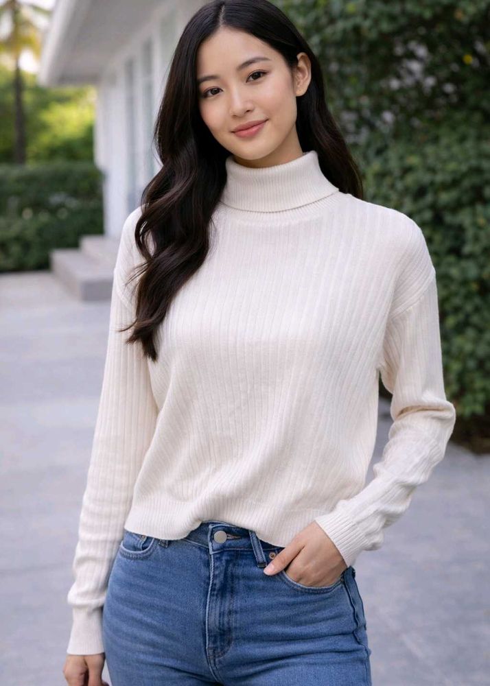 Cream Ribbed Turtleneck Sweater