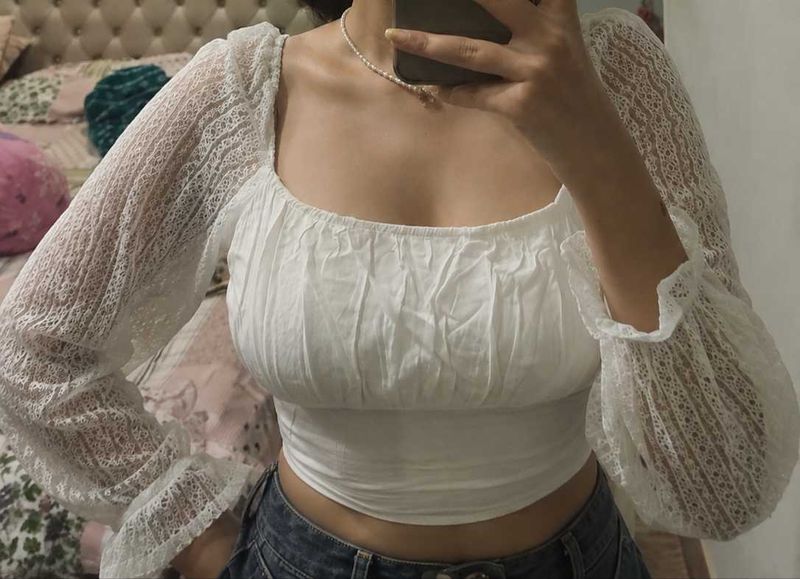 White Lace Sleeve Crop Top