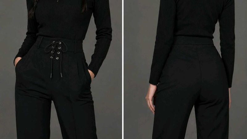 Black Lace-Up High Waist Pants