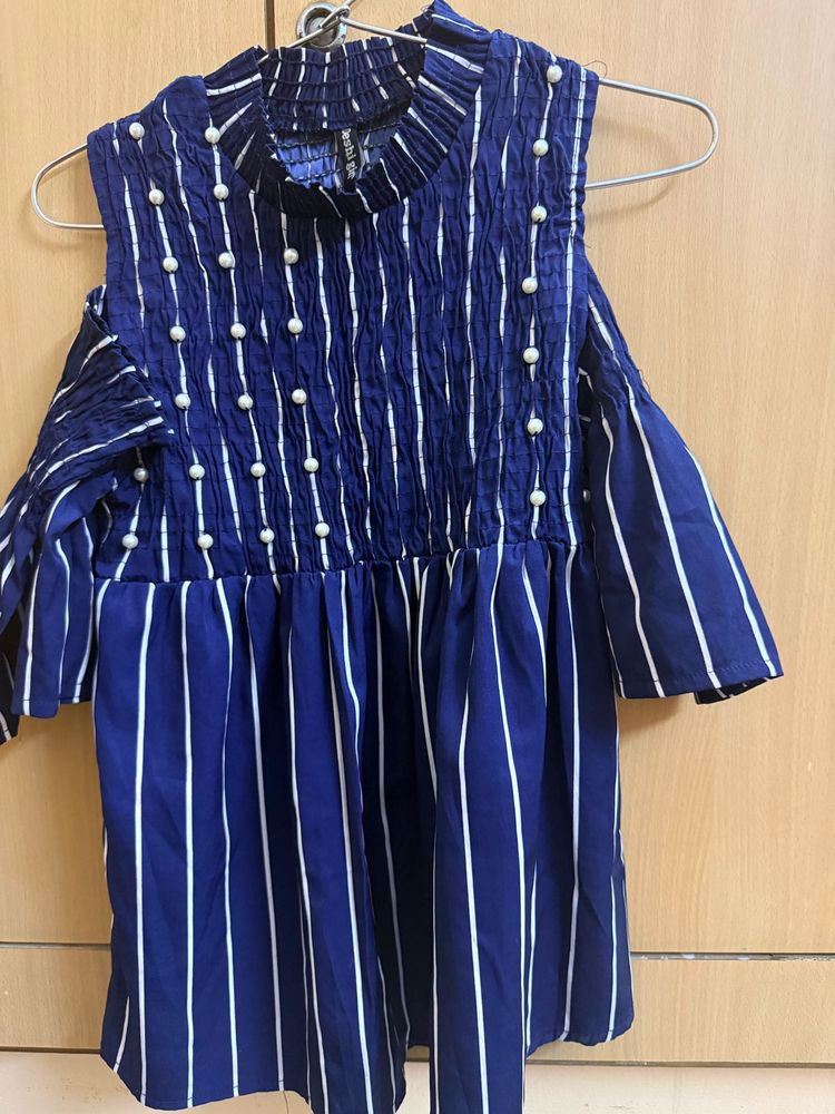 Blue Striped Cold Shoulder Top with Pearls