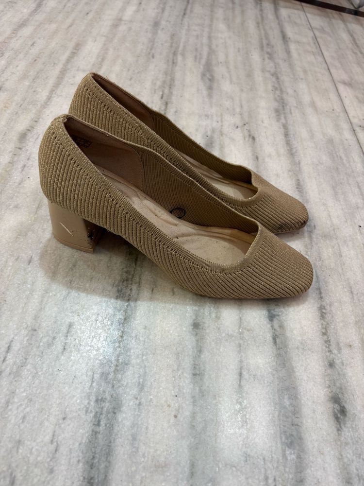 Chic Beige Knit Block Heels