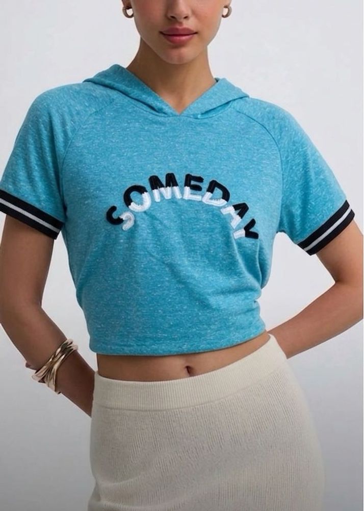 Blue "SOMEDAY" Graphic Hoodie Crop Top
