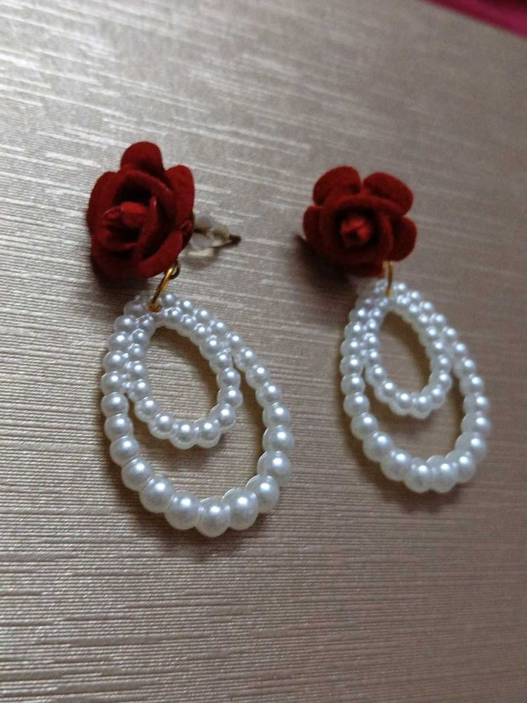 Red Rose Pearl Dangle Earrings