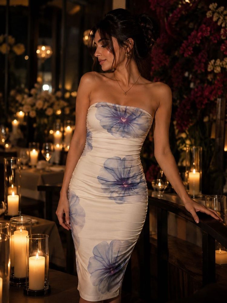 Floral Strapless Ruched Dress
