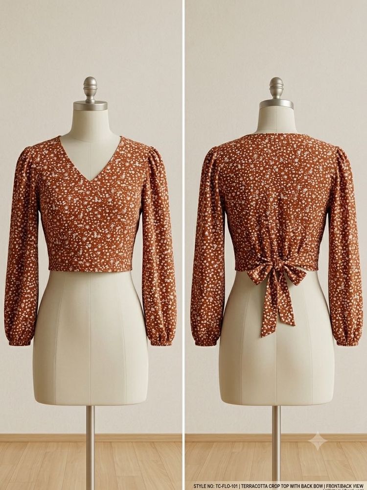 Terracotta Floral Crop Top with Bow