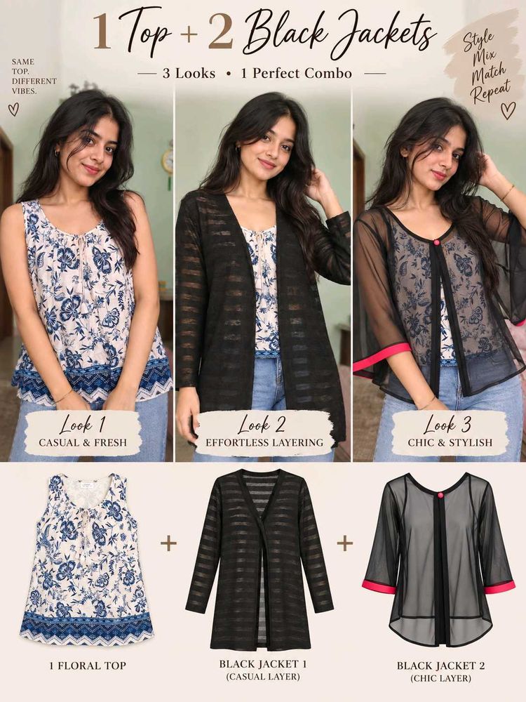 COMBO Floral Top with 2 Black Jackets
