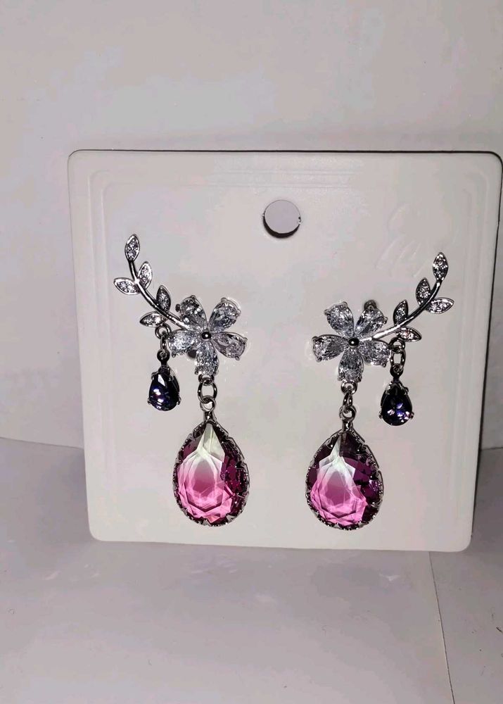 Silver  purple diamond Zircon  tassel earring