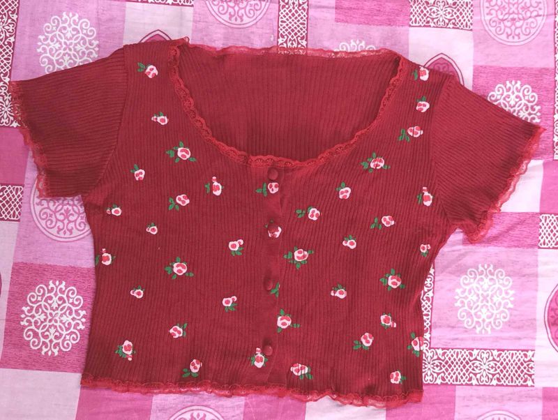 Red Floral Button-Up Cropped Top