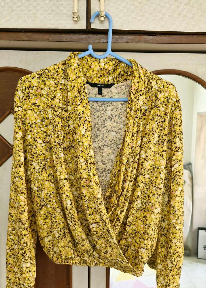 Chic Yellow Floral Wrap Blouse