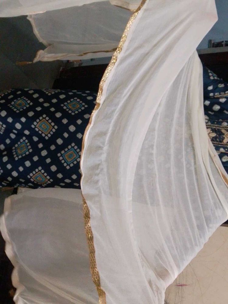 White Dupatta with Gold Border