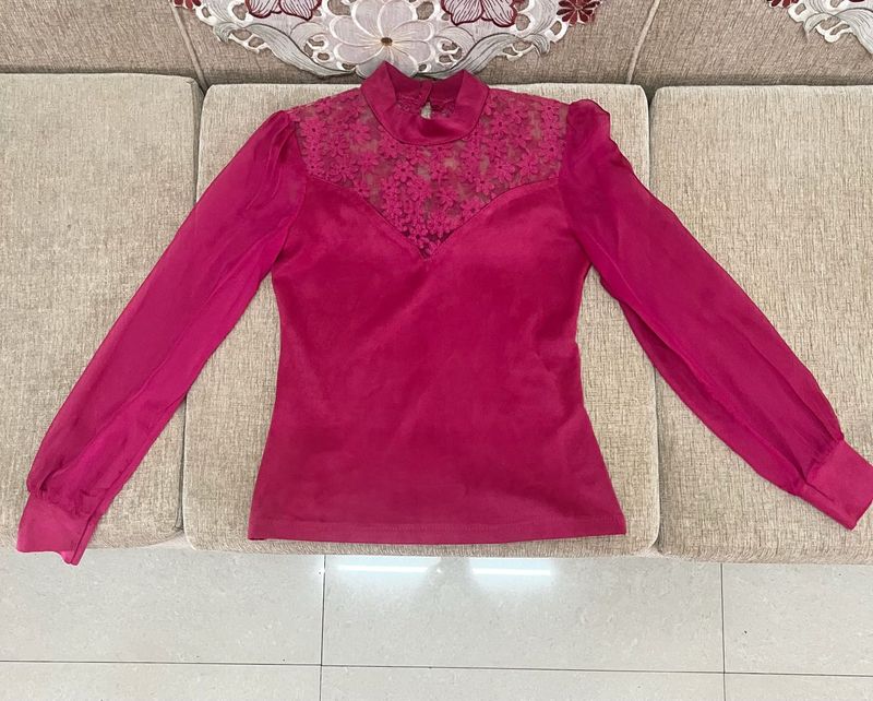 Elegant embroidered Pink Lace Neck Top