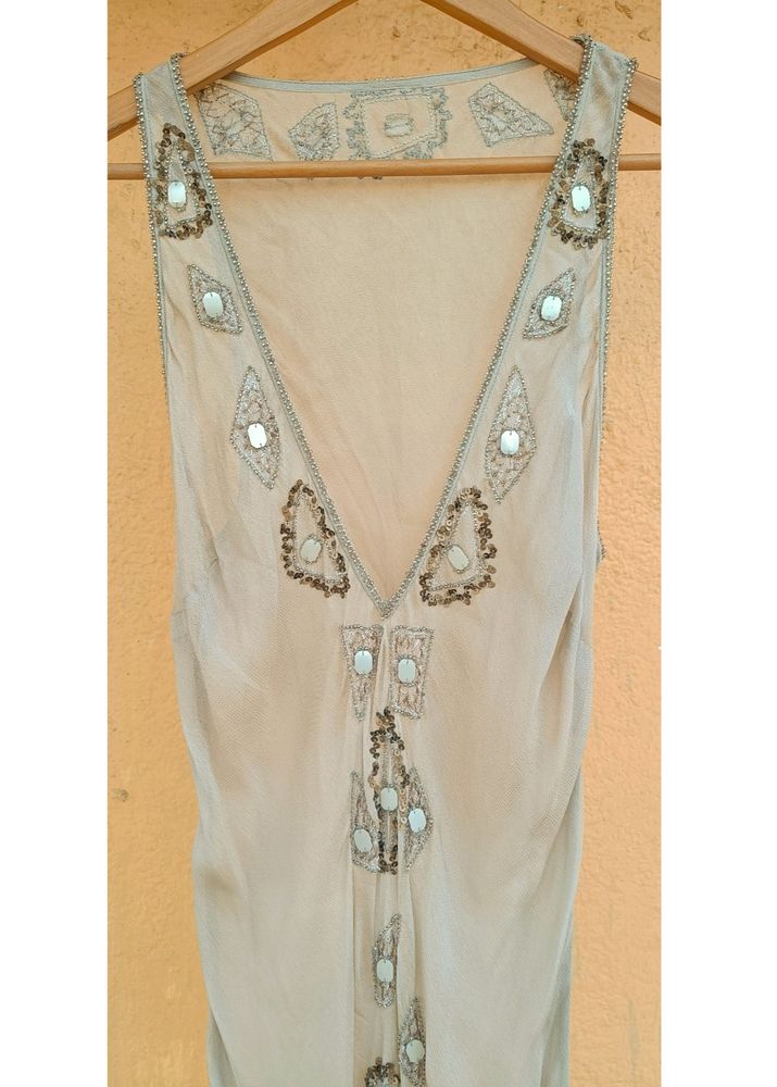 Sheer Flapper Beaded Beige Dress