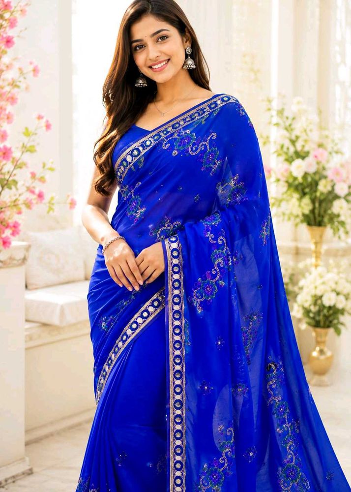 Stunning Royal Blue Embroidered Saree