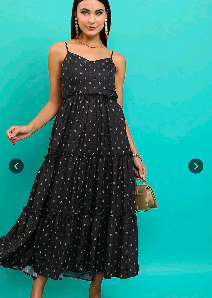Black Floral Tiered Midi Dress