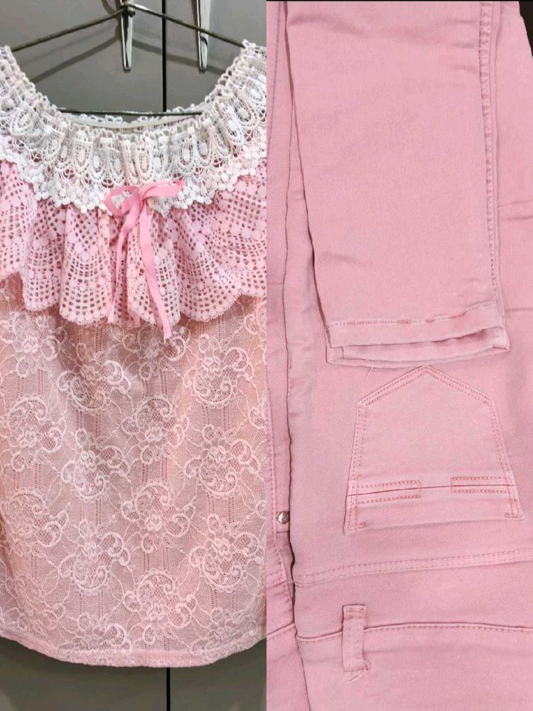 Pink Lace Topwith Jean Set