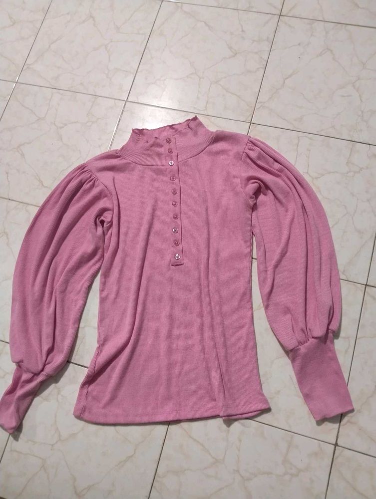 Pink Puff Sleeve Button-Up Top
