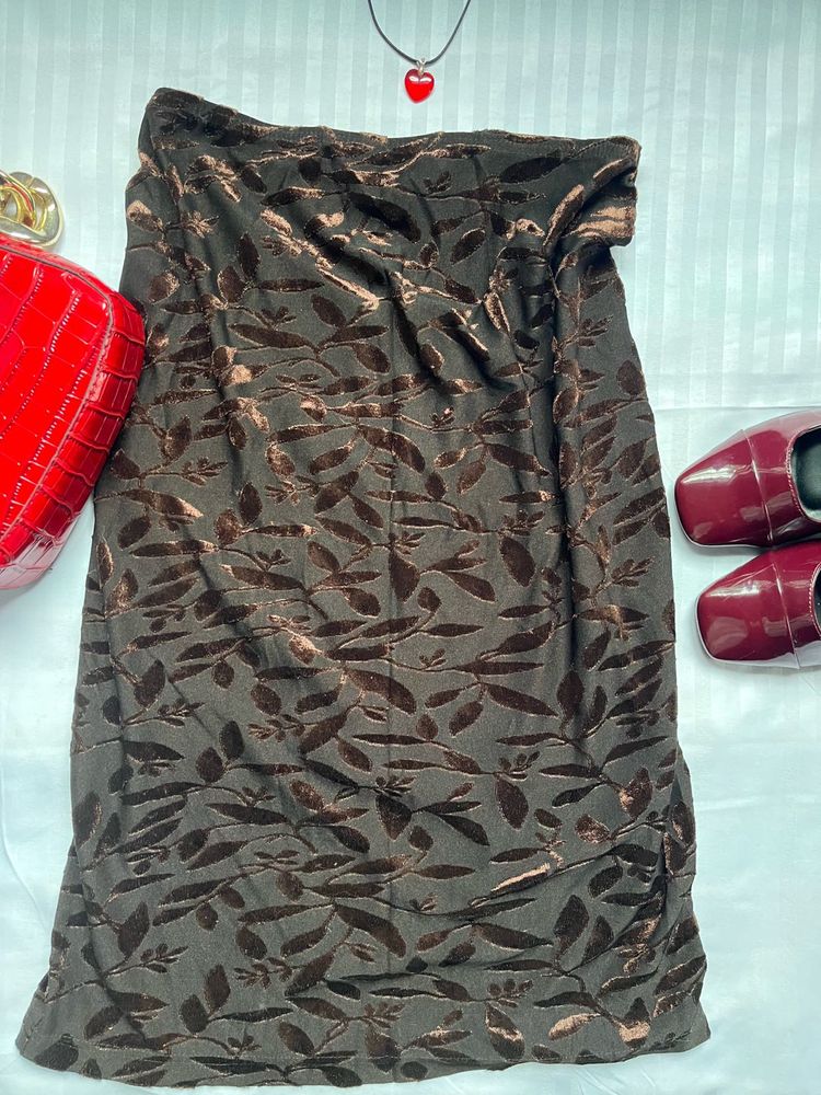 Brown Leaf Print Midi Skirt