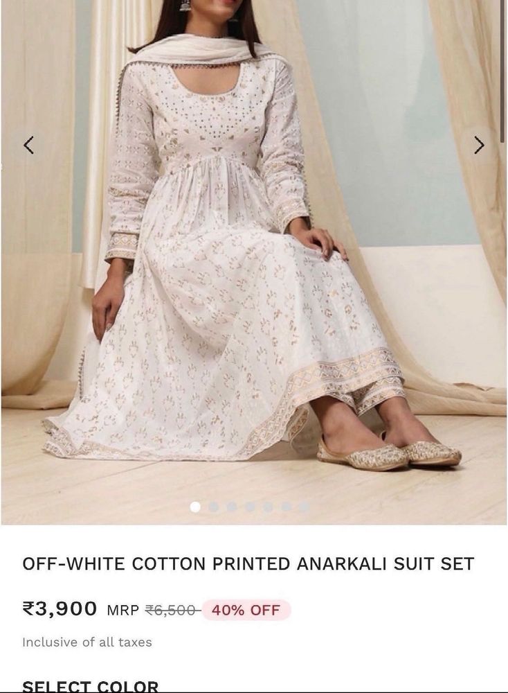 Off-White Cotton Printed Anarkali Suit Set