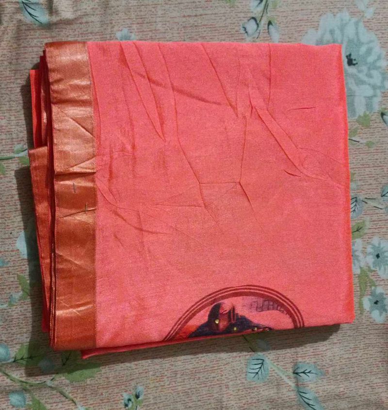 Beautiful Coral Saree with Golden Border