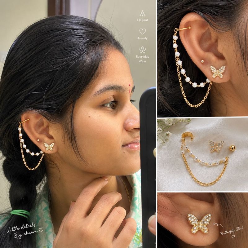 Chic Butterfly Pearl Chain Earring Set