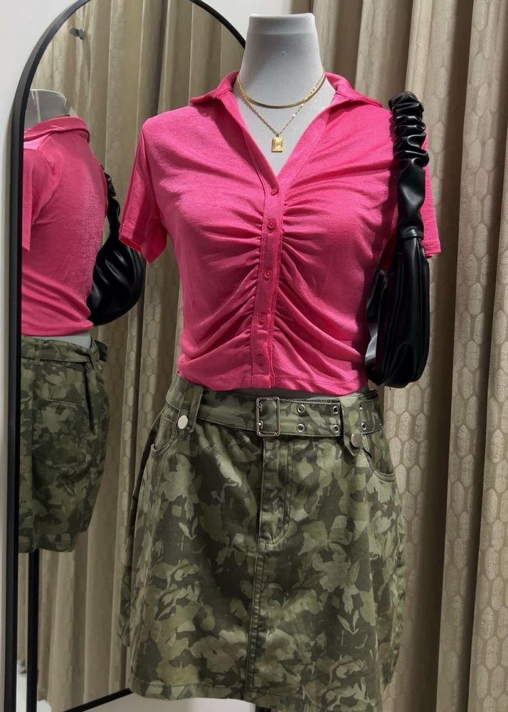 PRIMARK Ruched Button-Down Collared Crop Top