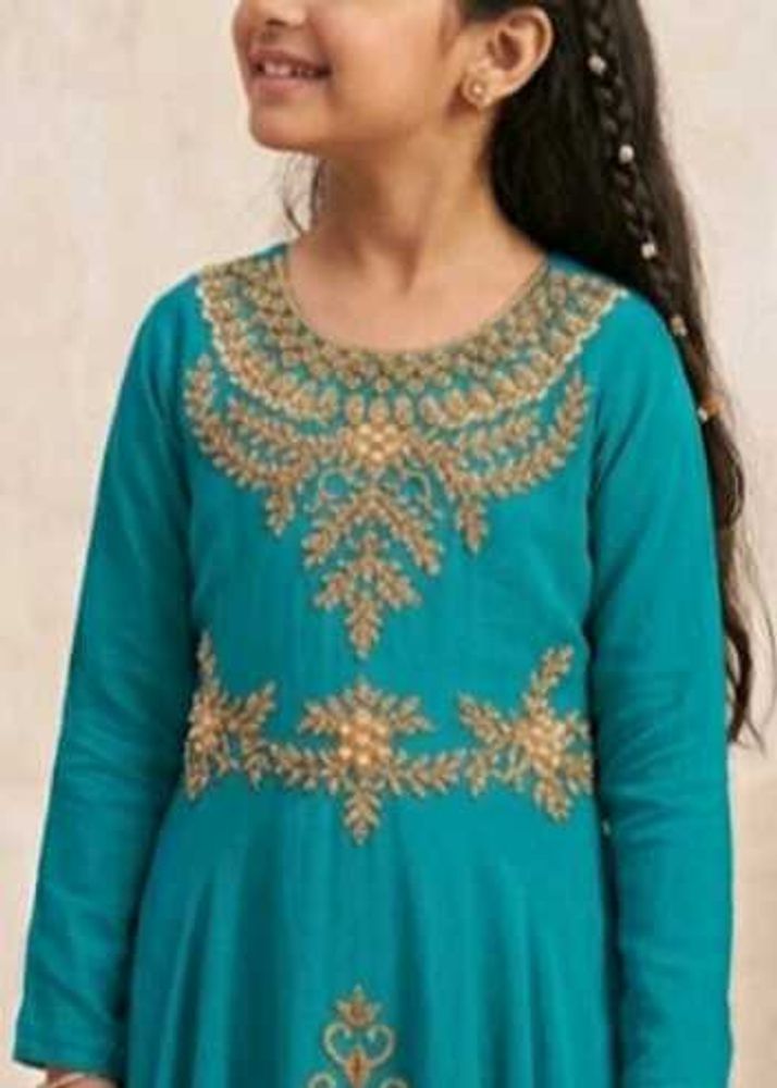 Girls Teal Embroidered Kurti