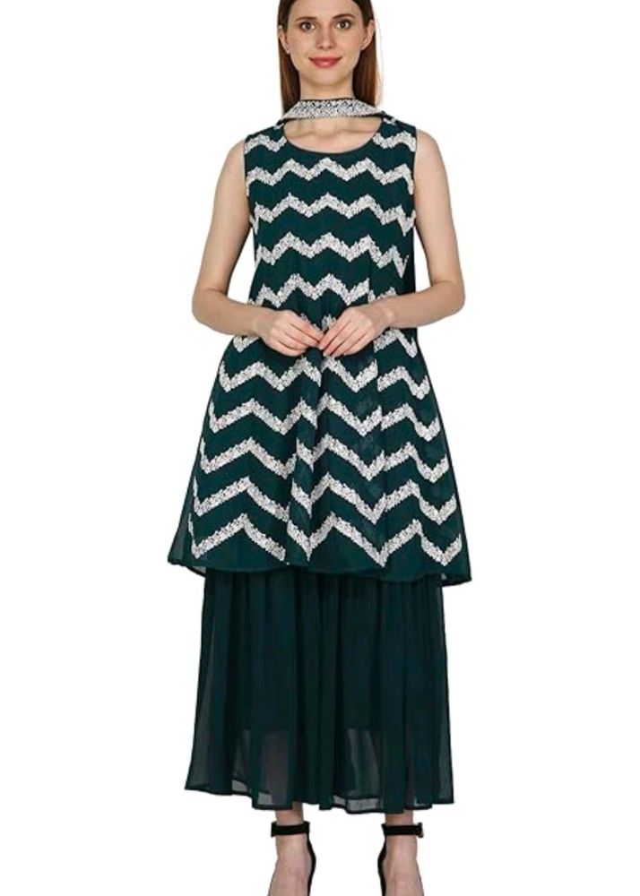 Chic Teal Chevron Kurti &amp; Skirt Set