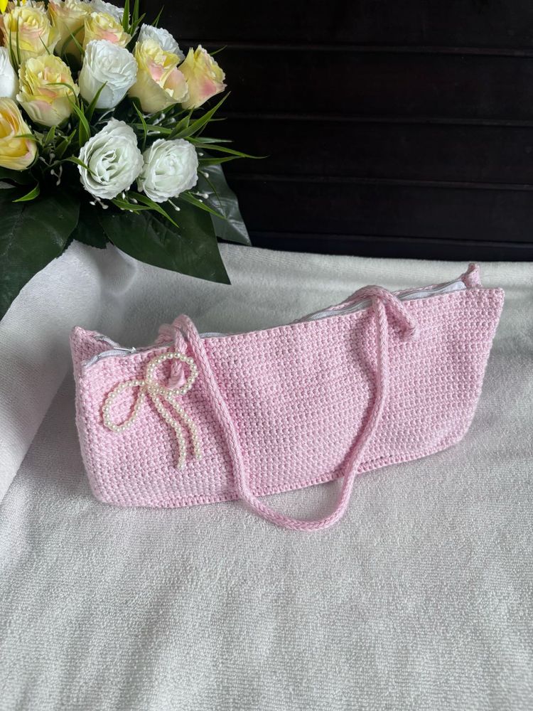 Handmade Pink Crochet Shoulder Bag / Tote Ba