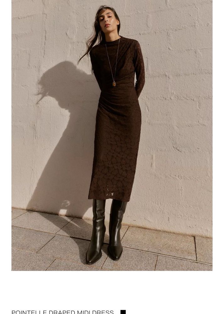 Zara celeb style Chic Brown Draped lace Midi Dress