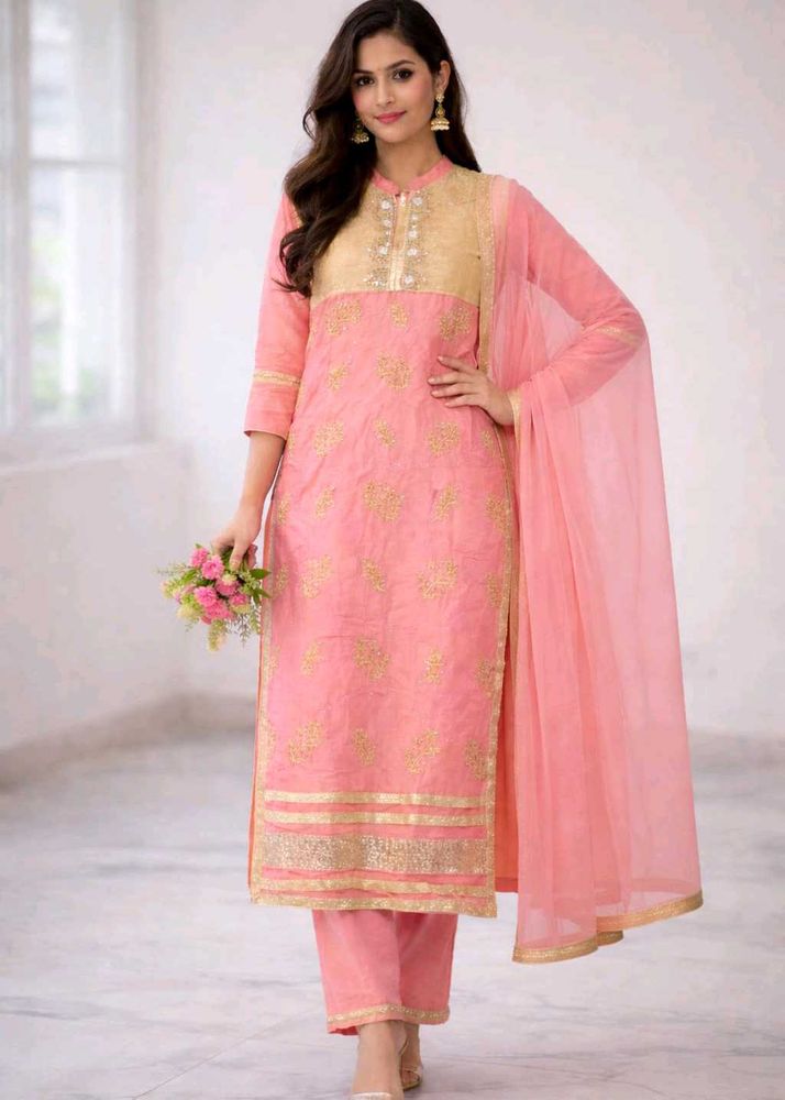 Elegant Pink Kurta with dupatta Gold Embroidery