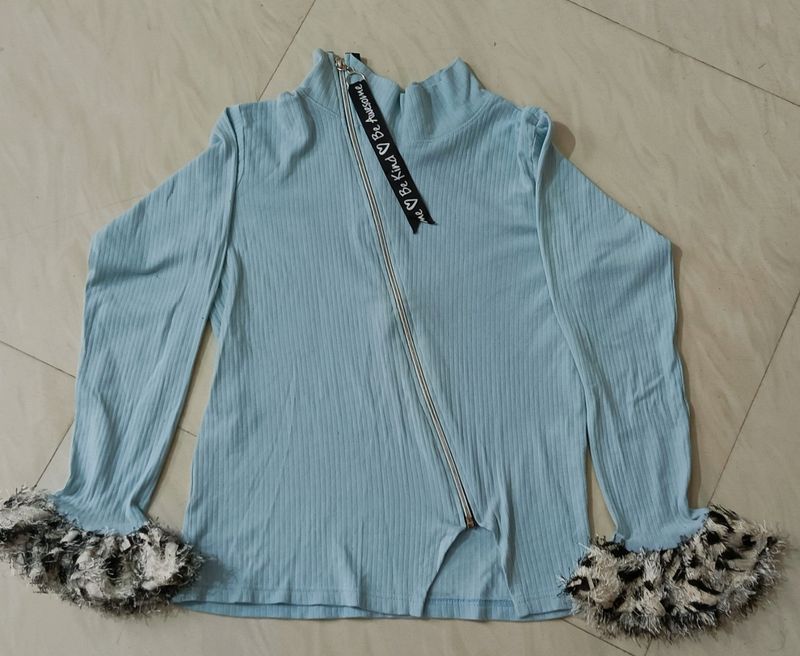 SKY BLUE FURR TOP FOR WOMEN