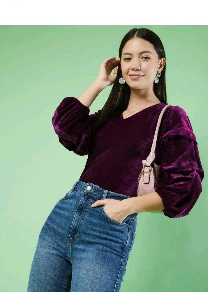 Purple Velvet Puff Sleeve Top