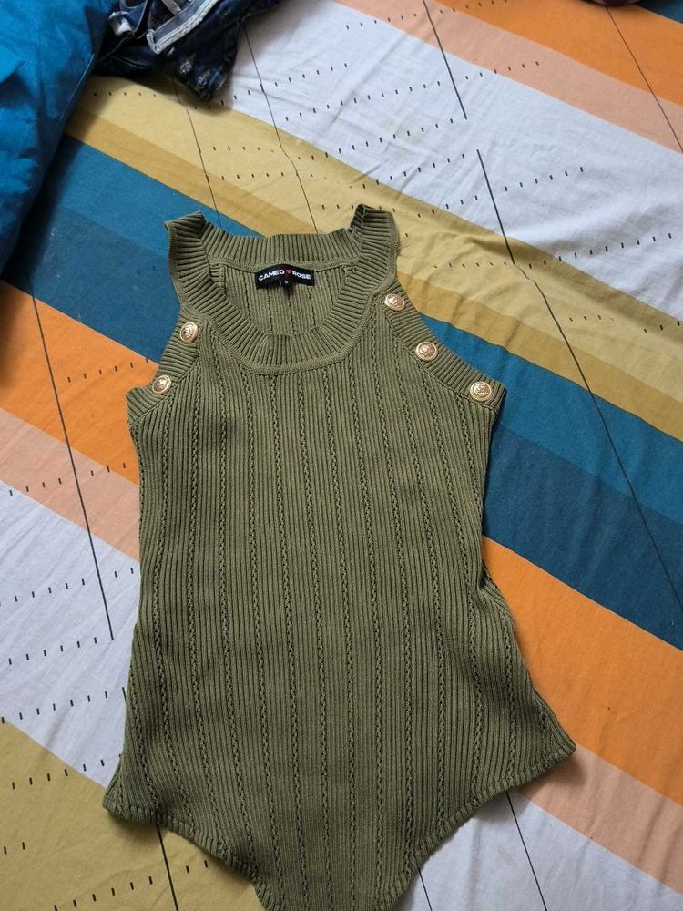 Olive Green Sleeveless Top with Buttons