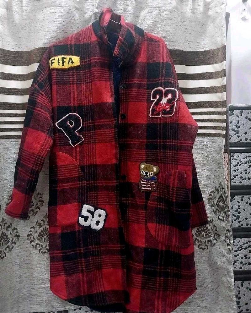 Red Plaid Patched Long Jacket/coat