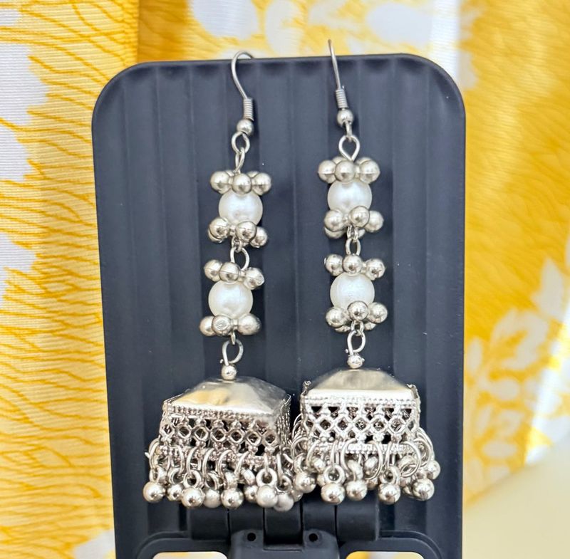 Exquisite Pearl &amp; Silver Jhumka Earrings