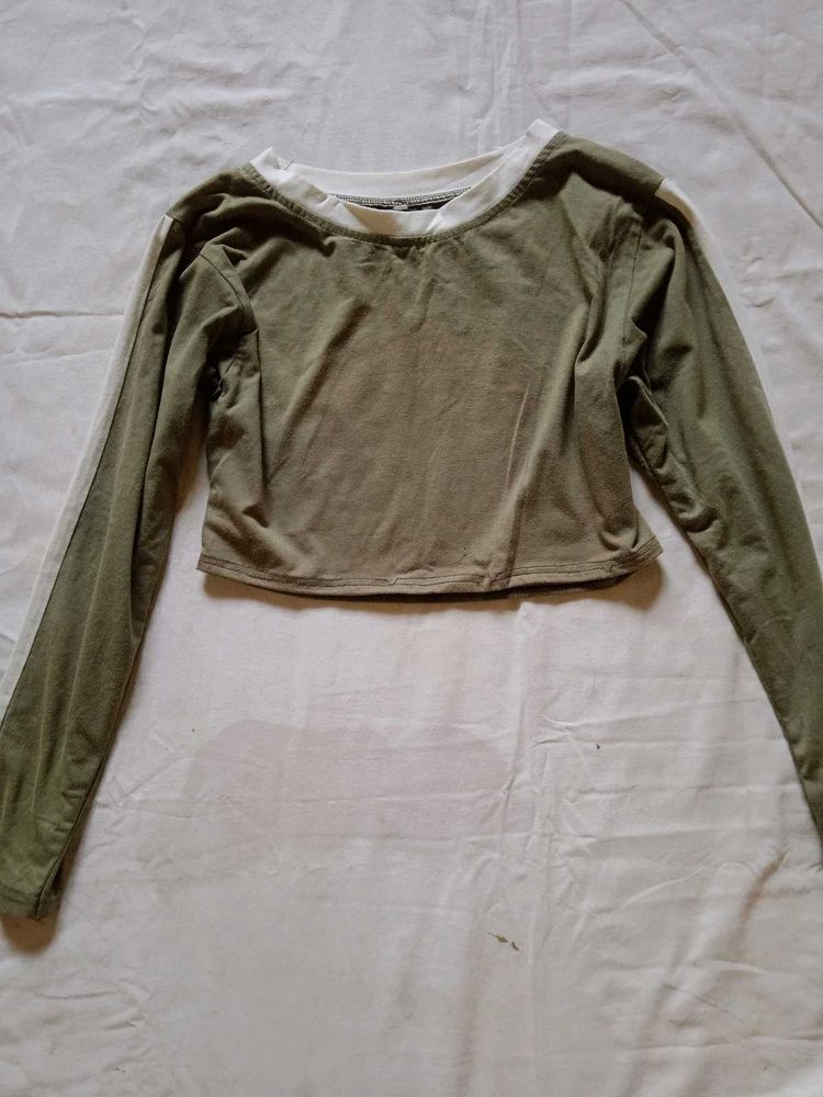 Olive Green Cropped Long Sleeve Top