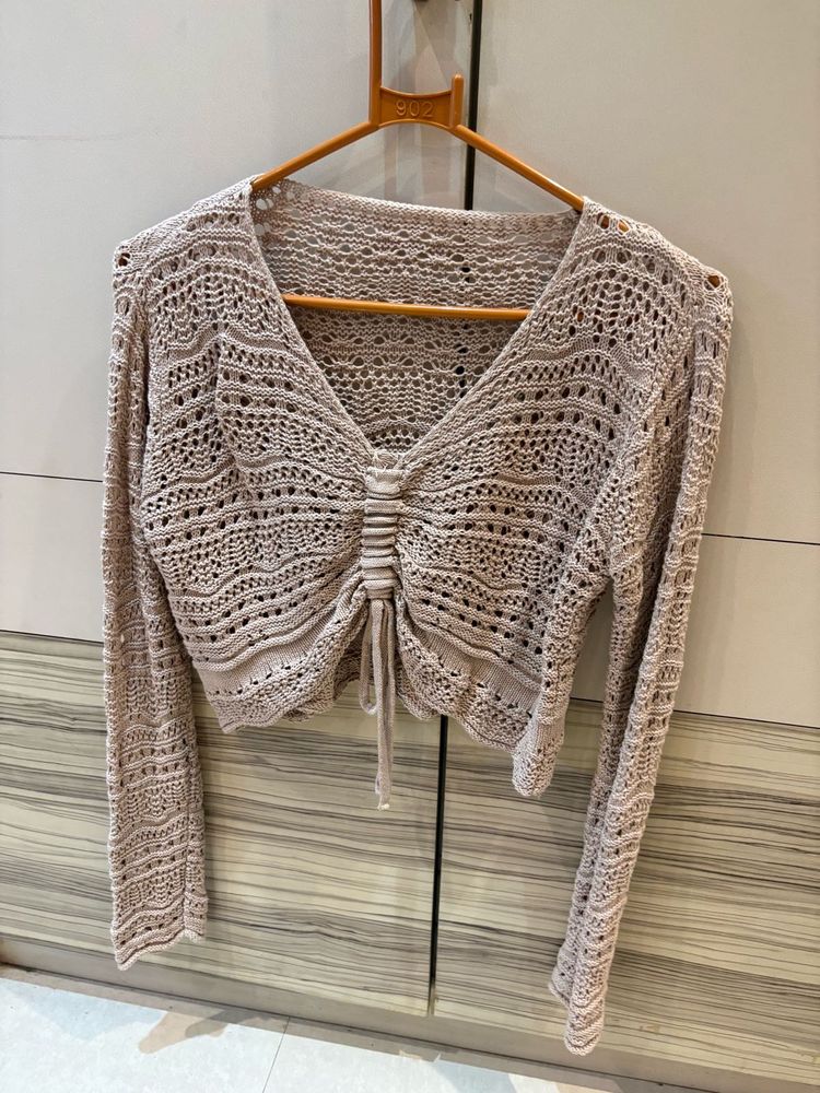 ✨ Beige Crochet Knit Tie-Up Top ✨