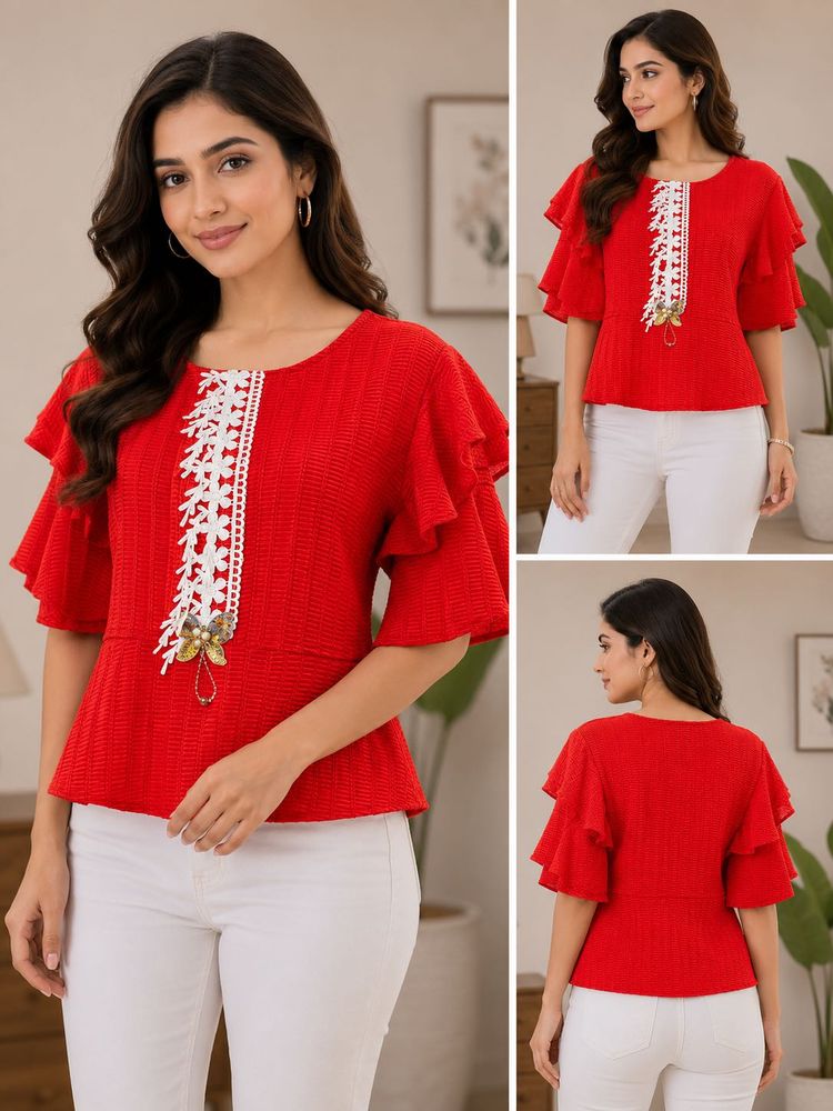 Vibrant Red Ruffled Sleeve Top