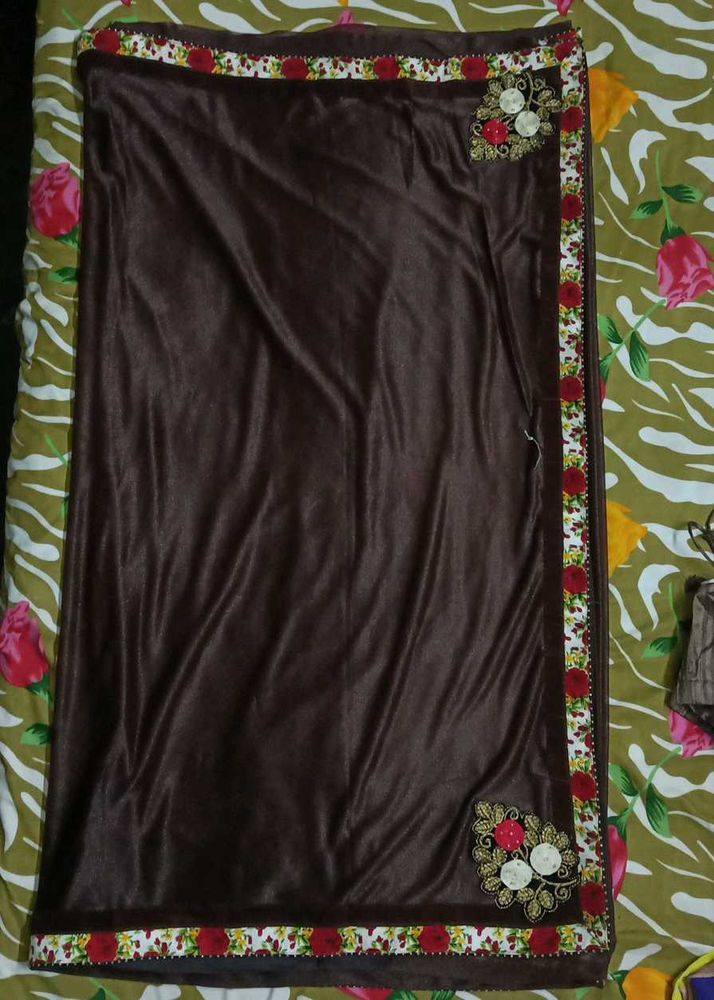 BROWN SAREE WITH FLORAL BORDER