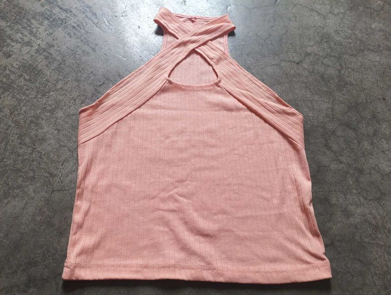 Peach Ribbed Cross-Neck Top 🎀