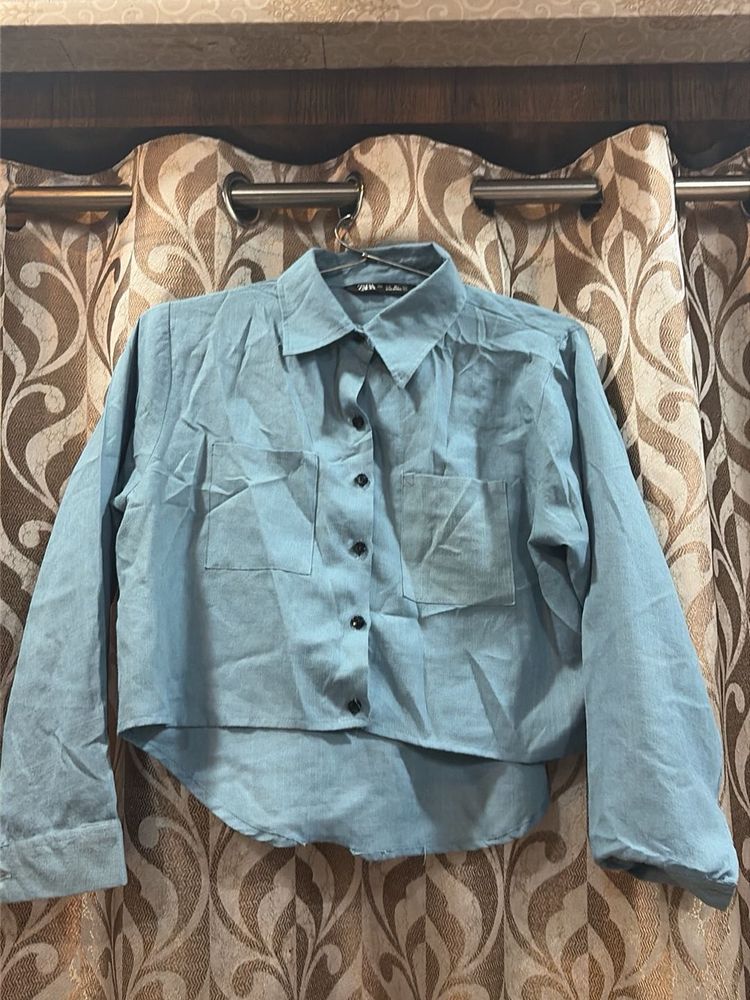 Light Blue Cropped Button-Up Shirt