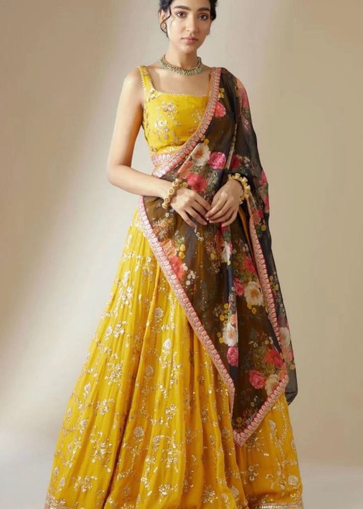 Yellow Lehenga Choli with Floral Dupatta