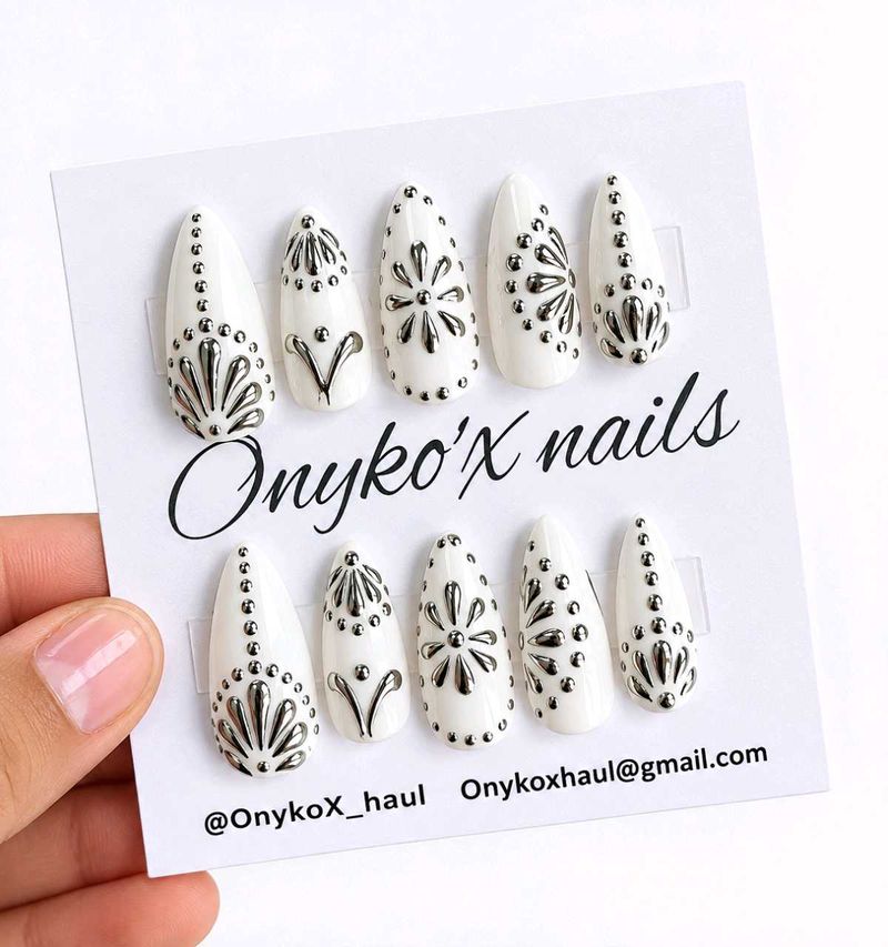 White navratri Press-On Nails with Silver chrome