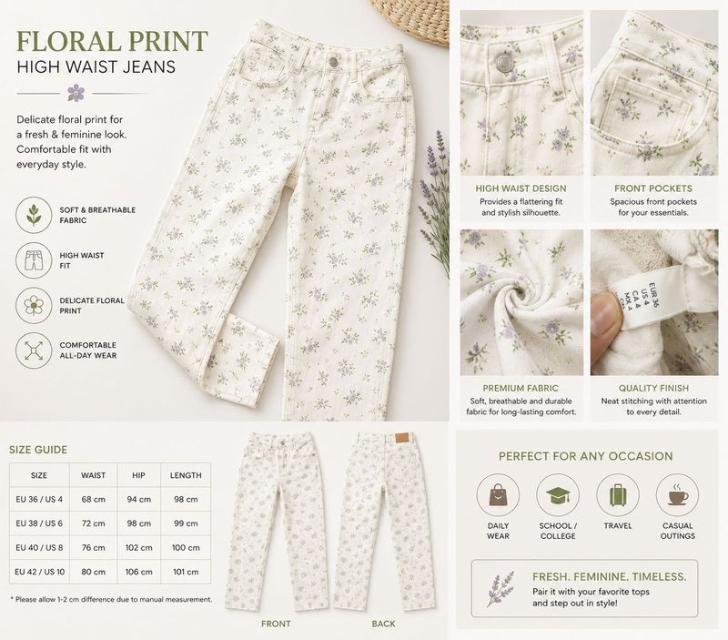 H&amp;M Floral Print High Waist Jeans
