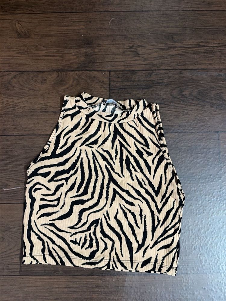 Zebra Print Ribbed Mock Neck Tank Top