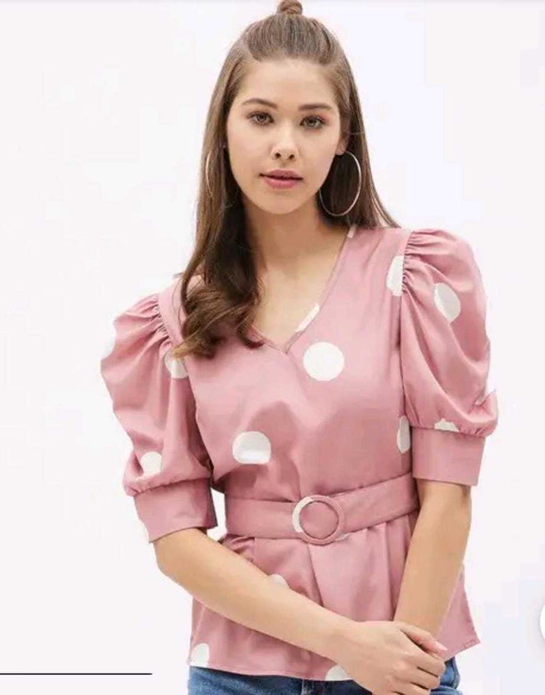 Pink Polka Dot Puff Sleeve Top with Belt