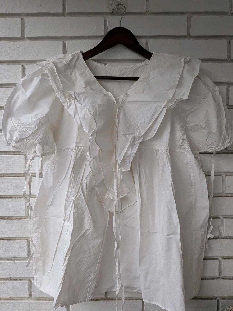 White Ruffled Puff Sleeve Top